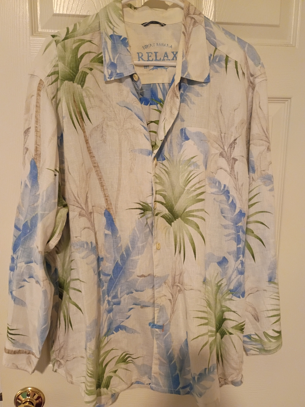 Tommy Bahama Linen Shirt w Blue&Green Tropical Print XL Beautiful!